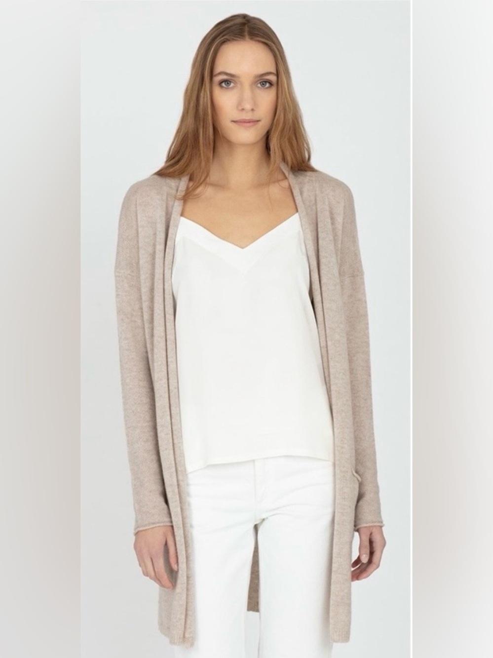 CUYANA Open Cashmere Cardigan Small Medium beige tan cream lightweight long